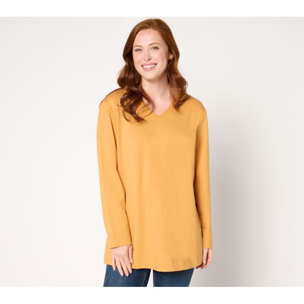 Denim & Co. Women's Top Sz M Essentials Cotton Jersey Overd V Neck Yellow